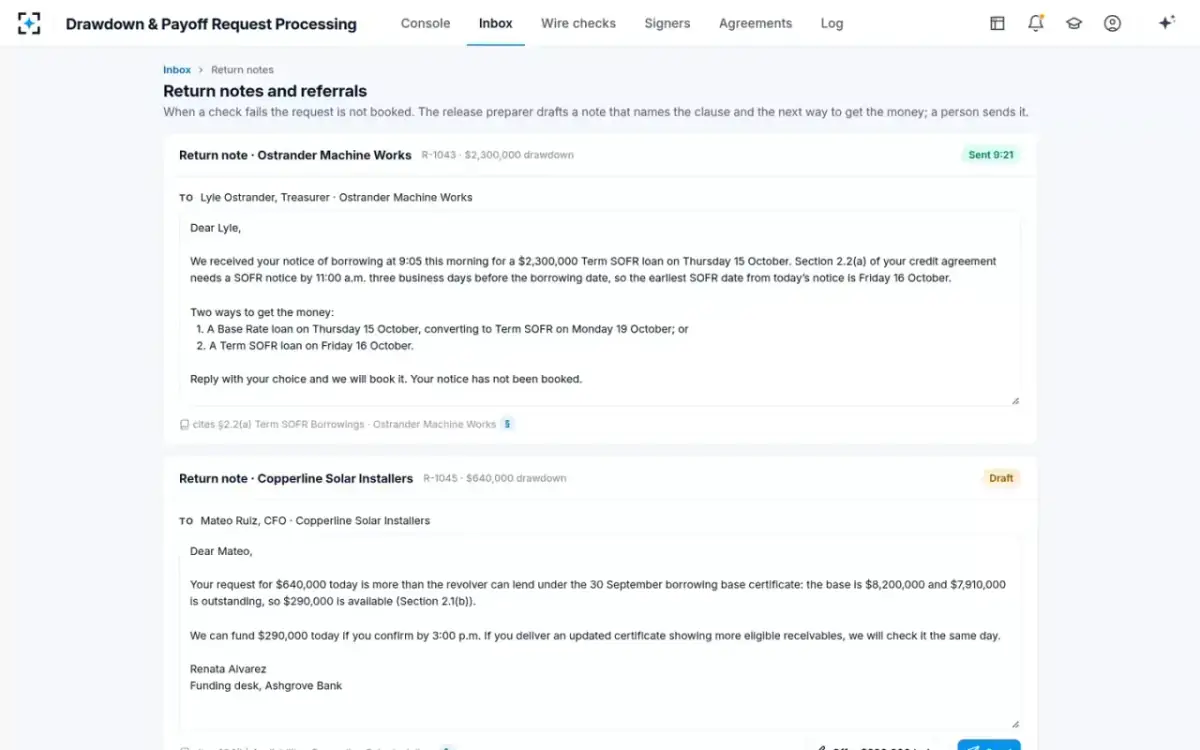 Drawdown & Payoff Request Processing — Return notes and referrals