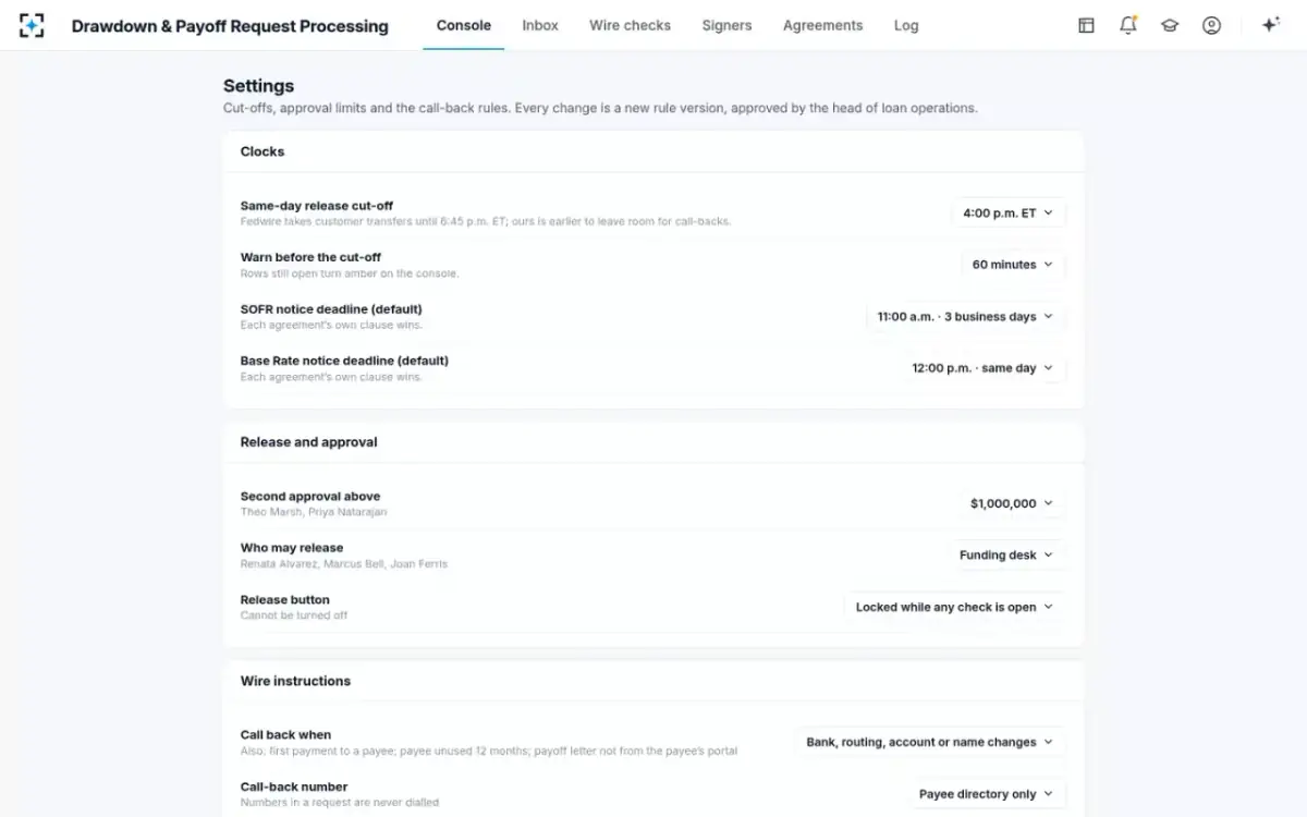 Drawdown & Payoff Request Processing — Rules and cut-offs