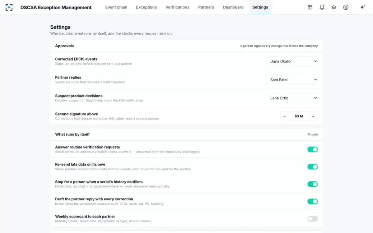 DSCSA Exception Management — Your rules