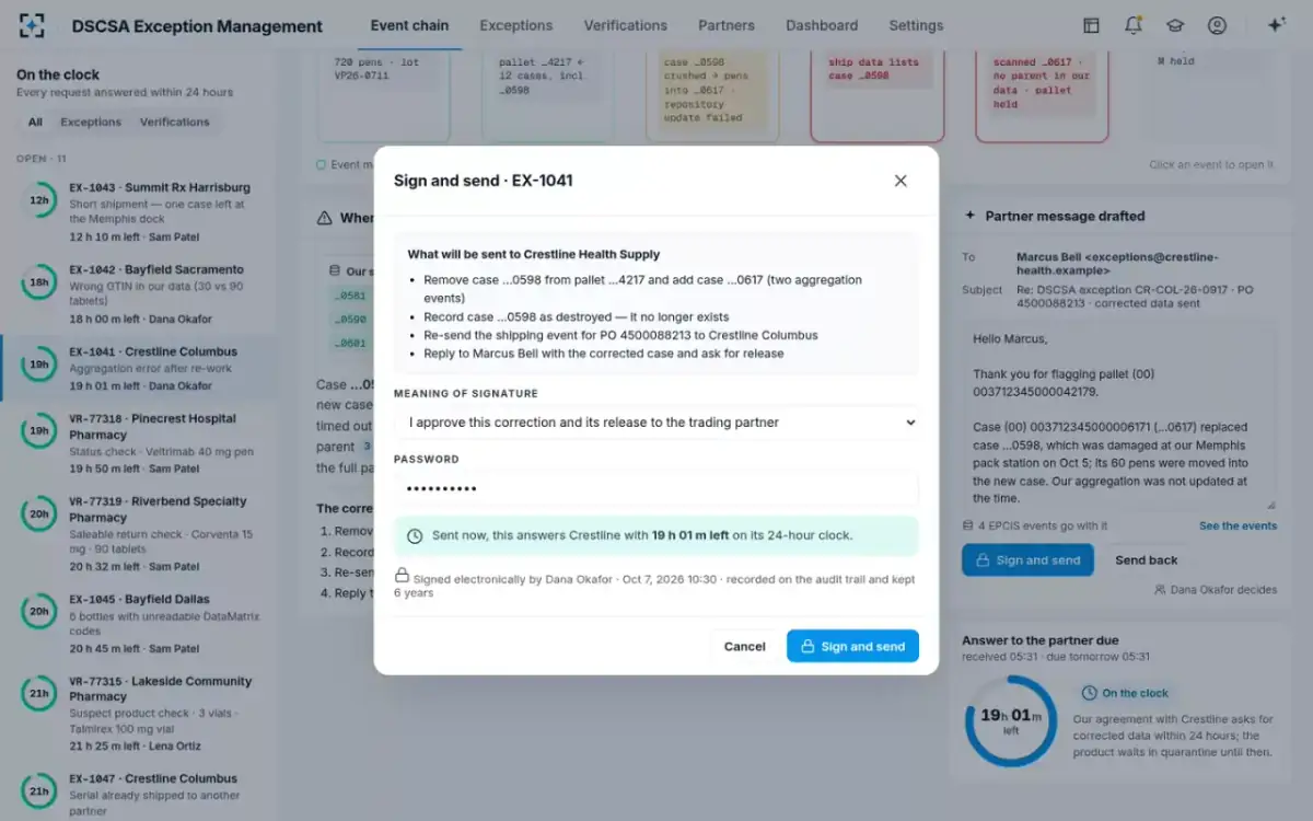 DSCSA Exception Management — Sign and send