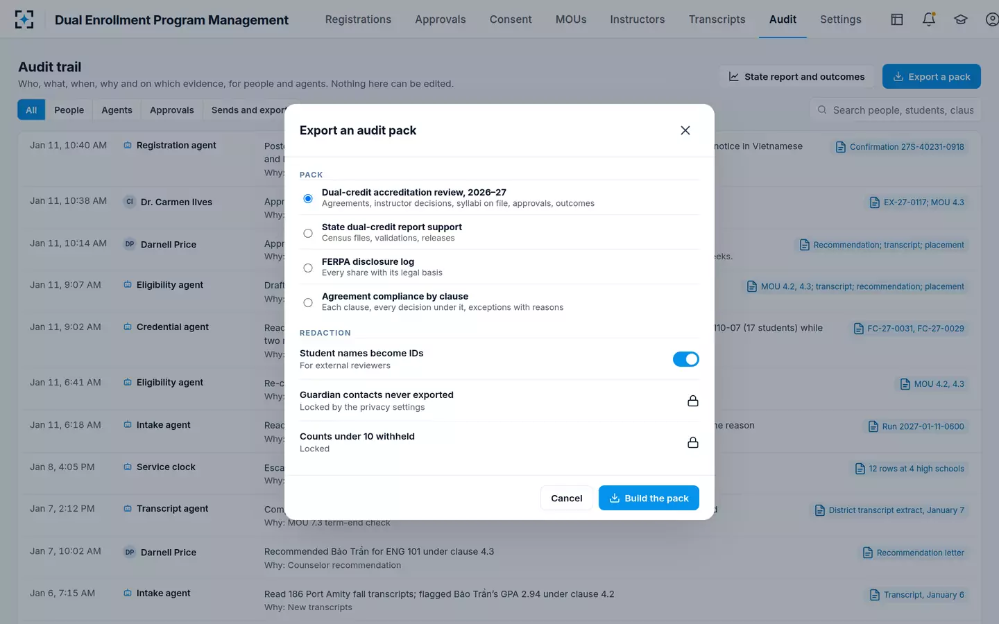 Dual Enrollment Program Management — The audit trail and an export pack for reviewers