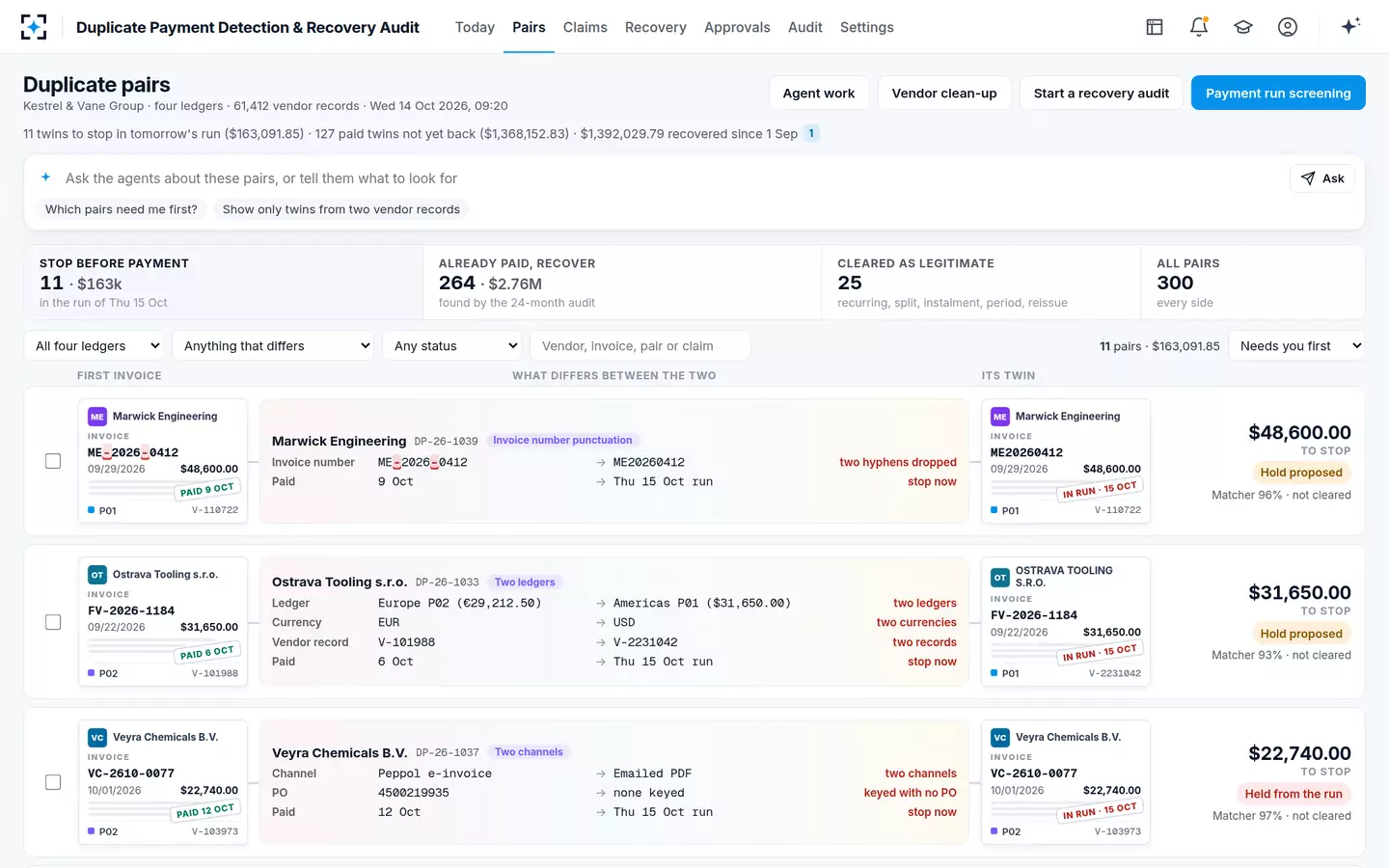 Duplicate Payment Detection & Recovery Audit — The twin list
