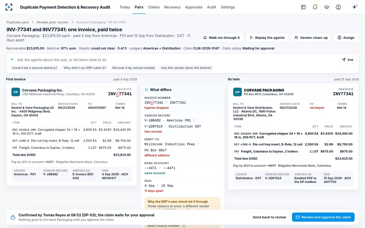 Duplicate Payment Detection & Recovery Audit — One pair, both invoices
