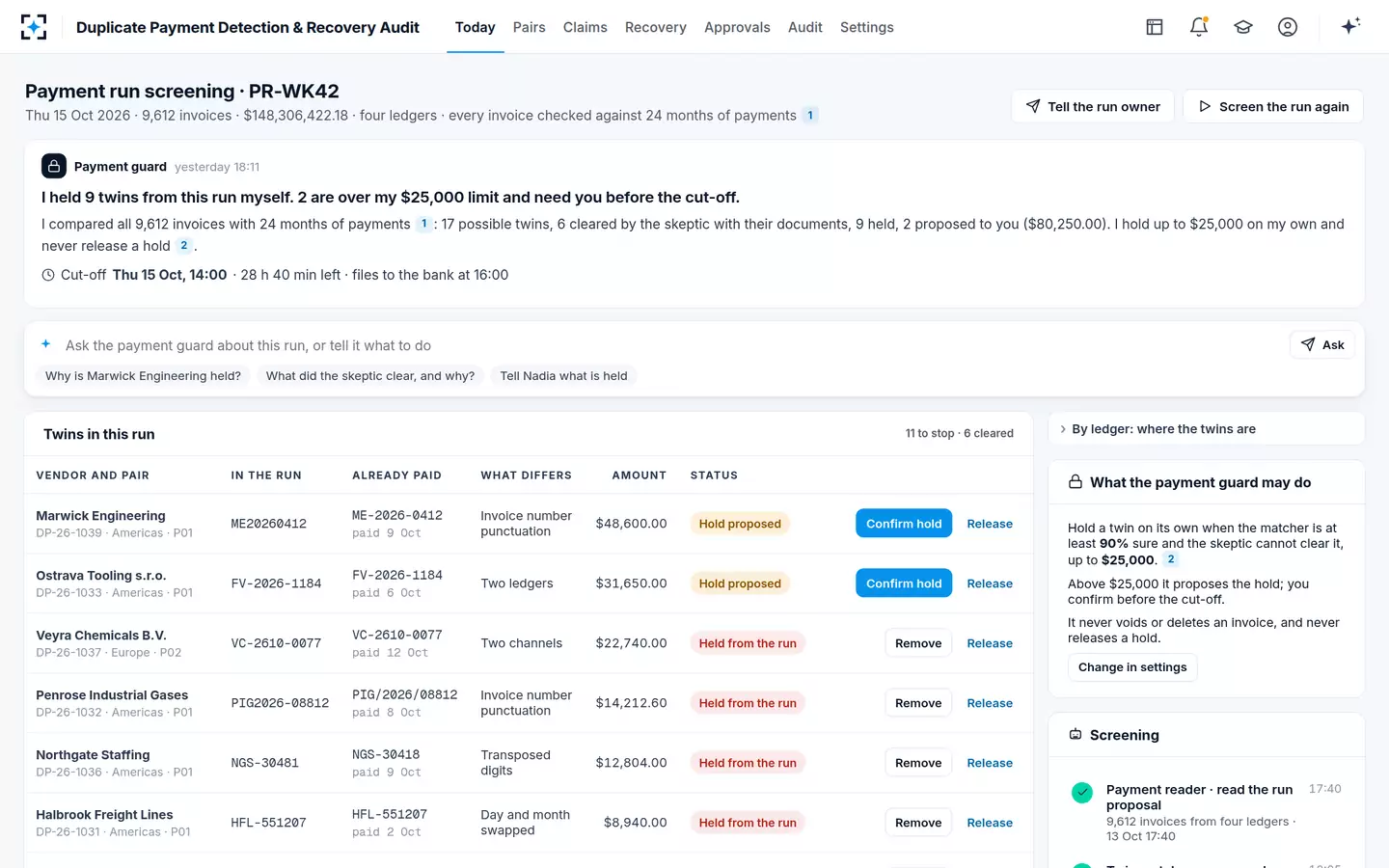 Duplicate Payment Detection & Recovery Audit — Payment run screening