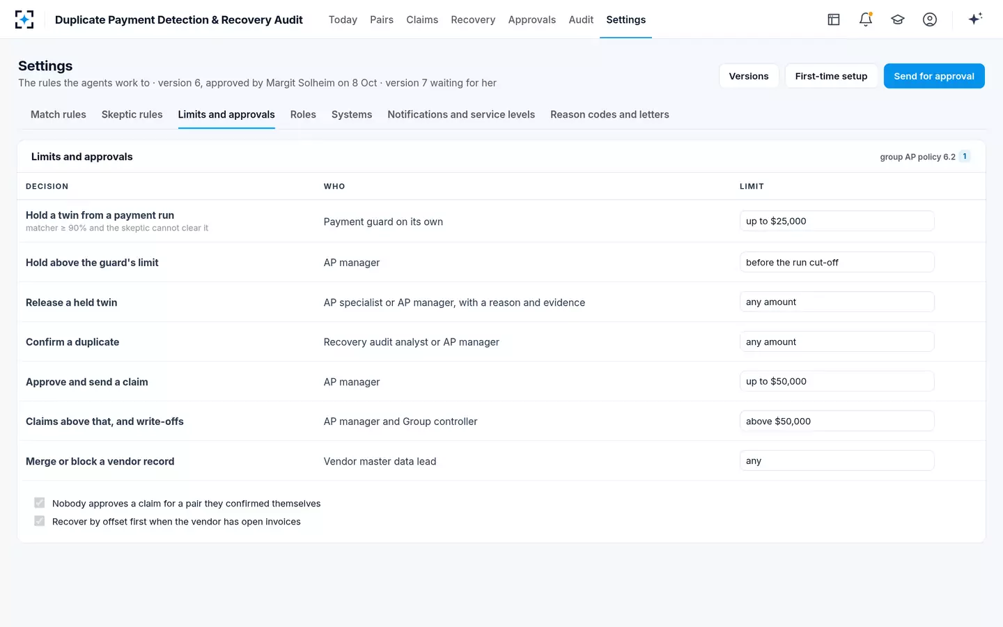 Duplicate Payment Detection & Recovery Audit — Limits and approvals