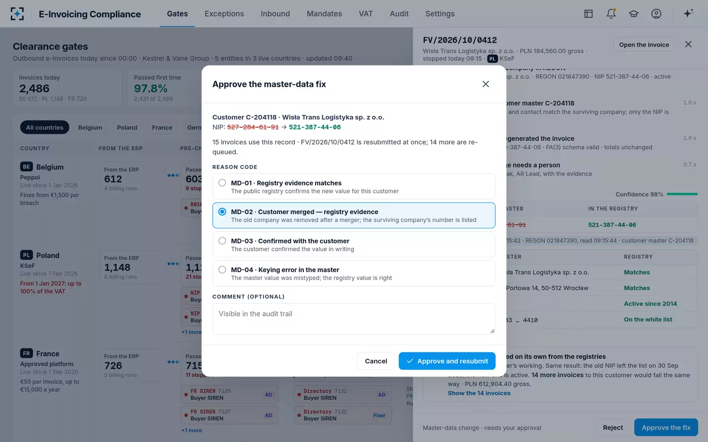 E-Invoicing Compliance — Approve with a reason code