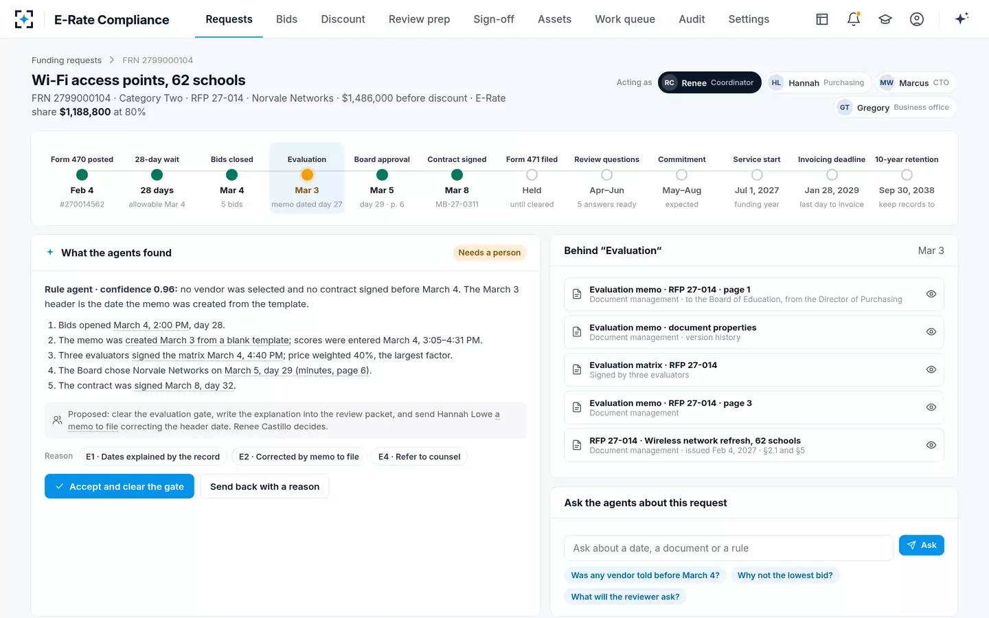 E-Rate Compliance — The Rule agent reads the rest of the bid file and explains the date