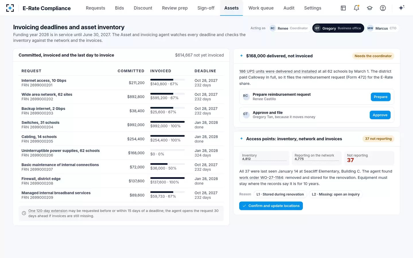 E-Rate Compliance — Invoicing deadlines and the asset inventory, checked against the network