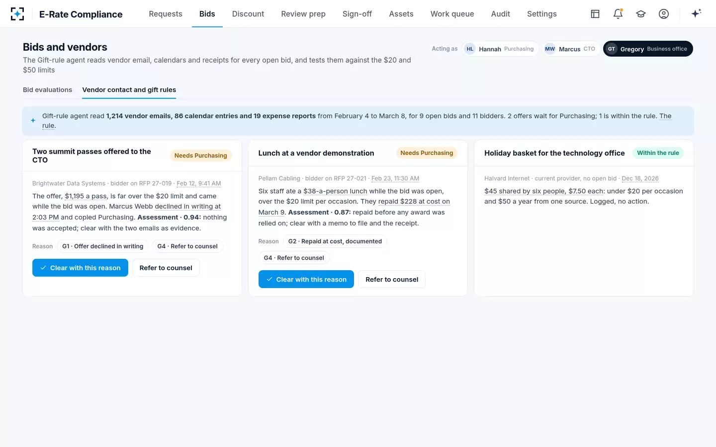 E-Rate Compliance — E-Rate gift rules tested across vendor email, calendars and receipts