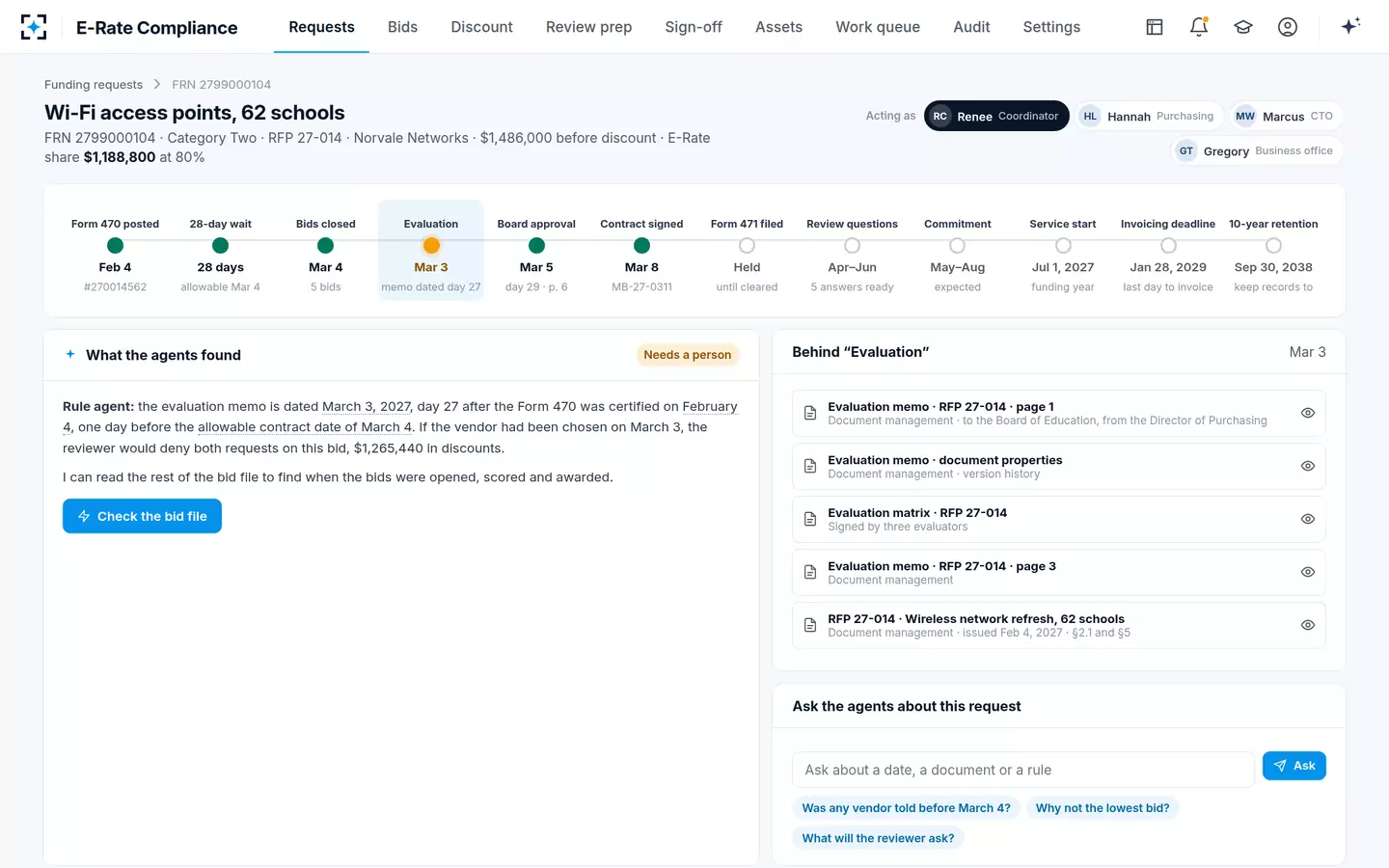 E-Rate Compliance — One request's rail, with the documents behind the amber gate