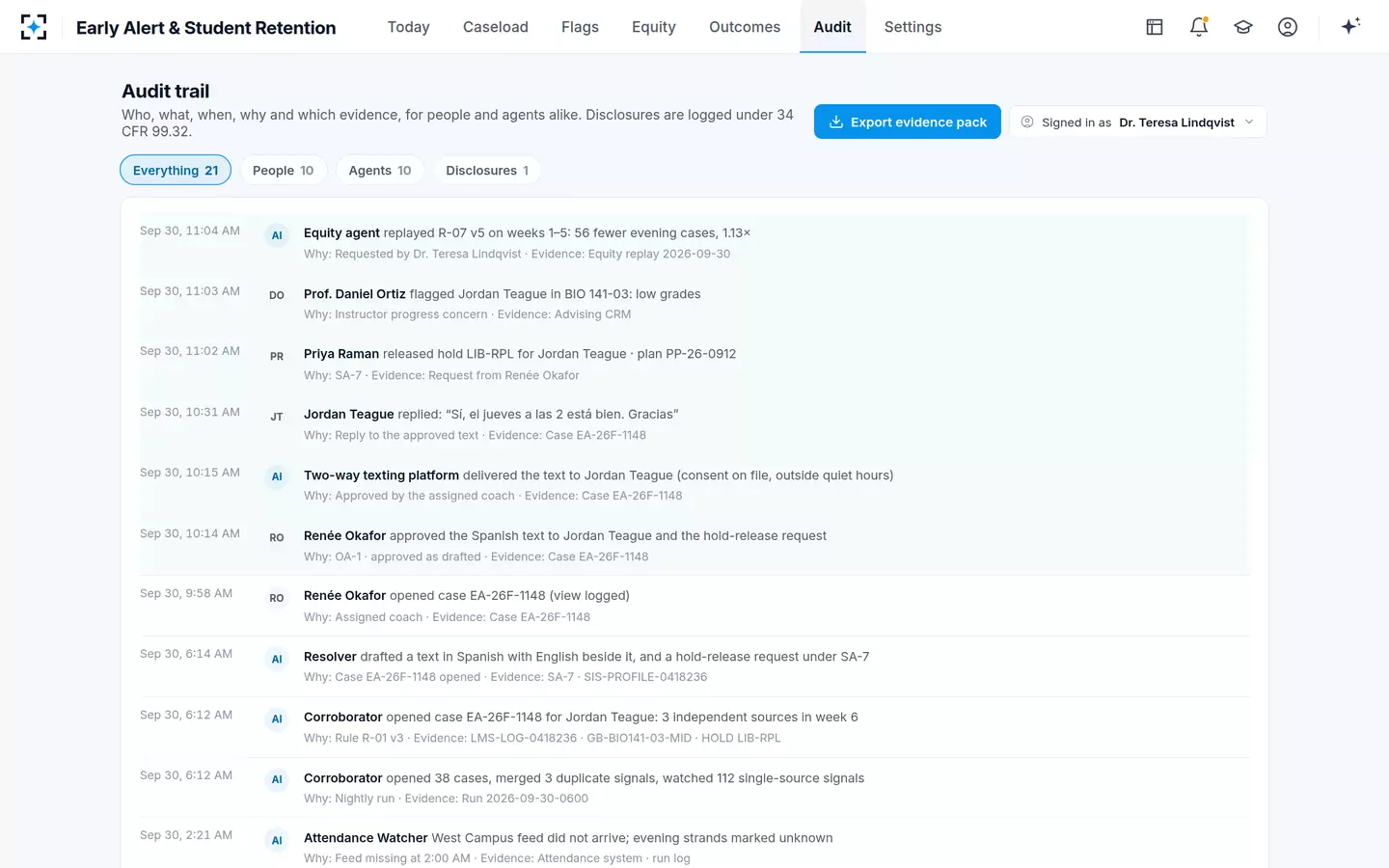 Early Alert & Student Retention — Every signal, draft, approval, release and disclosure on the record