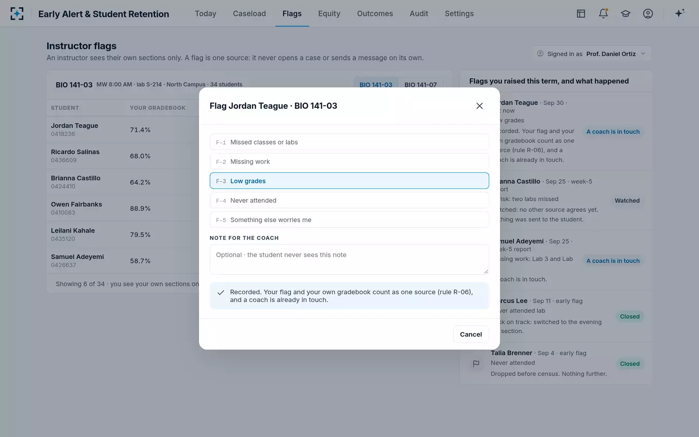 Early Alert & Student Retention — Instructors flag their own sections and see the loop close