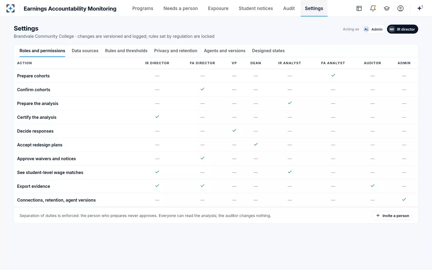 Earnings Accountability Monitoring — Separation of duties, set in one place