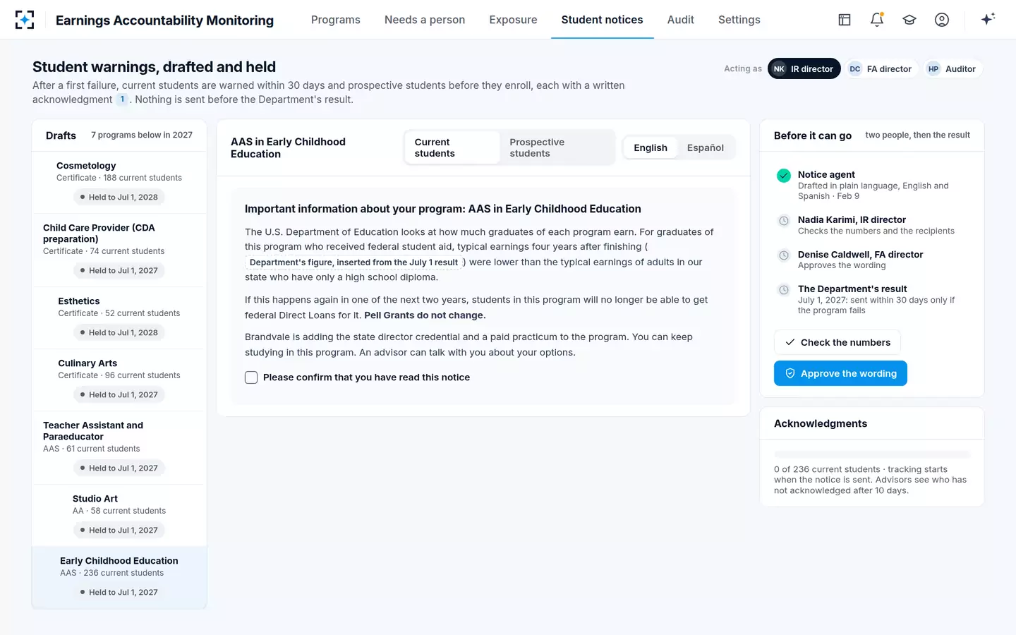 Earnings Accountability Monitoring — Student warnings for a low-earning outcome program, drafted and held