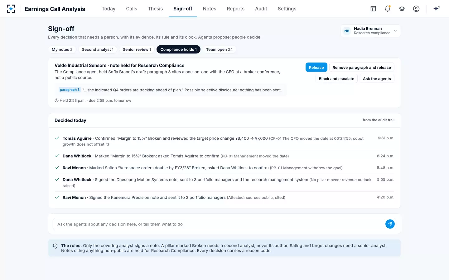 Earnings Call Analysis — Compliance holds