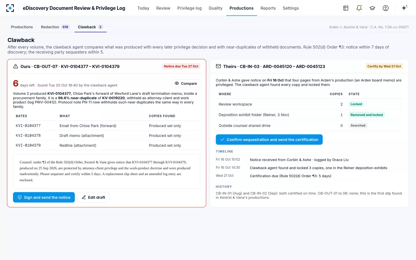 eDiscovery Document Review & Privilege Log — Clawback watch