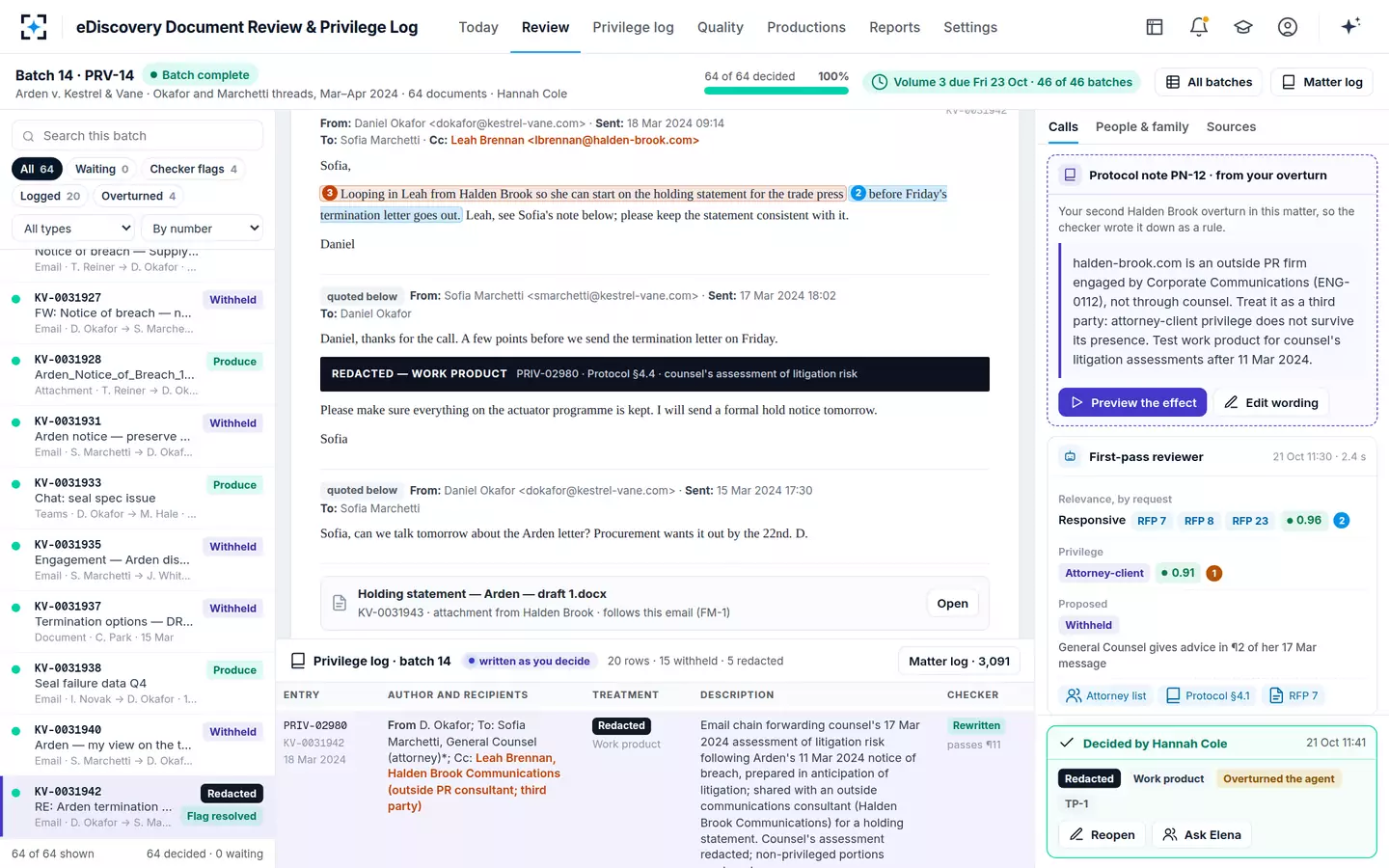 eDiscovery Document Review & Privilege Log — The log row, rewritten
