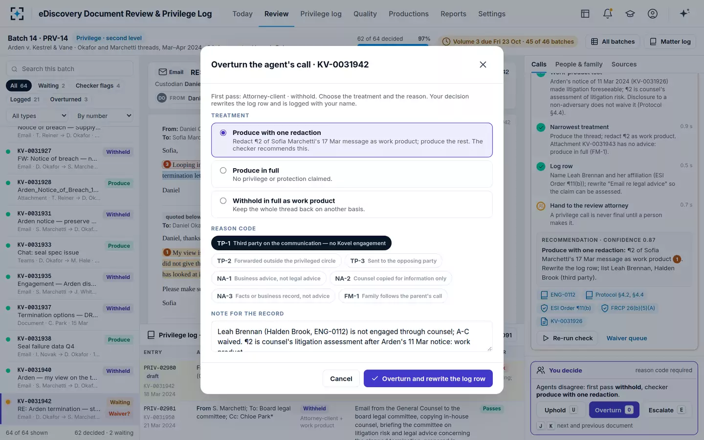 eDiscovery Document Review & Privilege Log — Overturn with a reason
