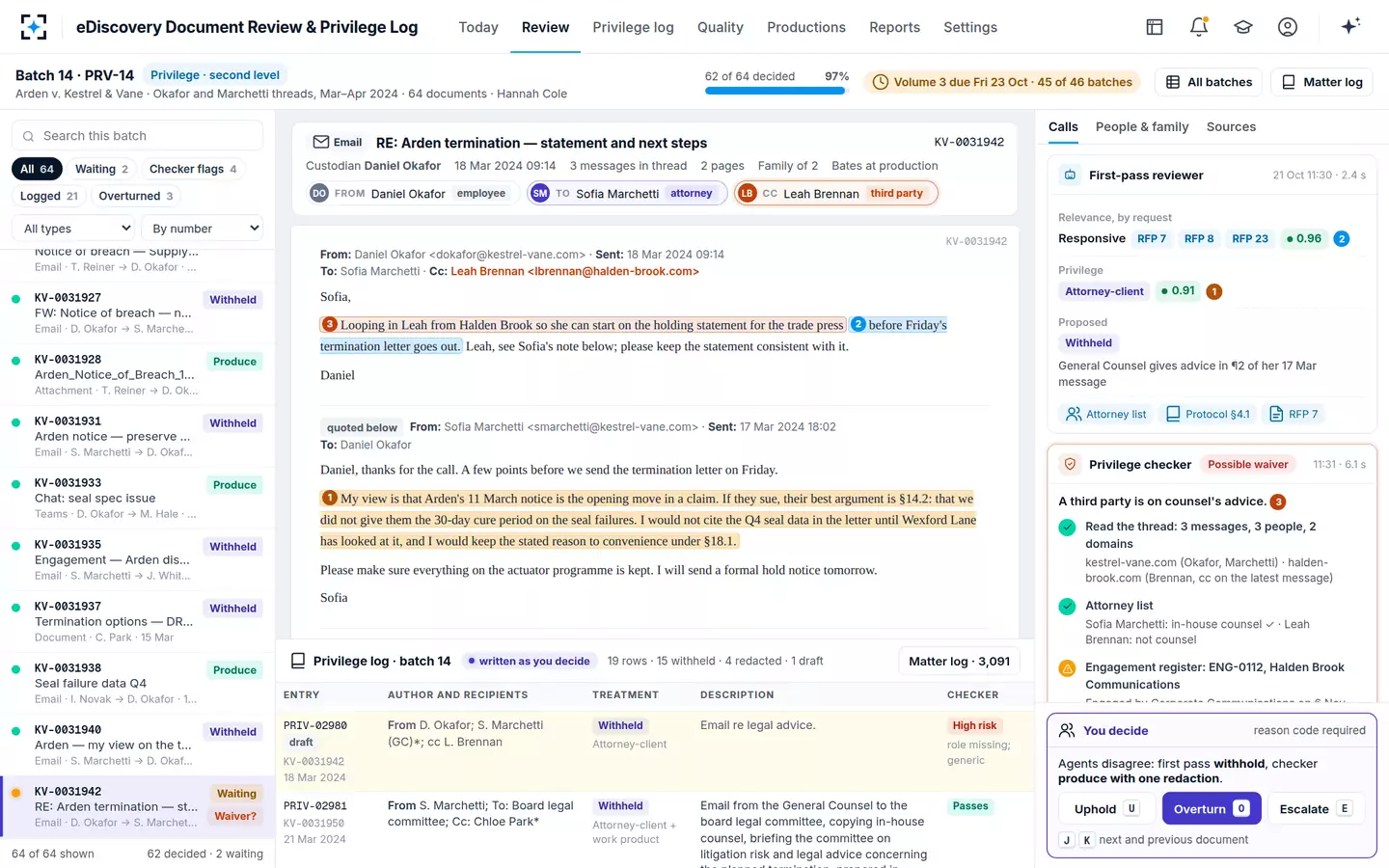 eDiscovery Document Review & Privilege Log — The review screen