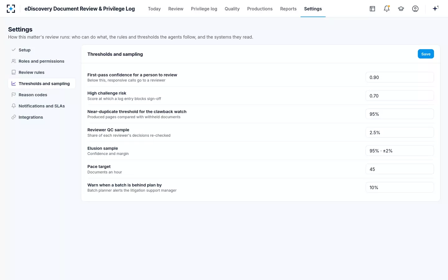 eDiscovery Document Review & Privilege Log — Thresholds and sampling