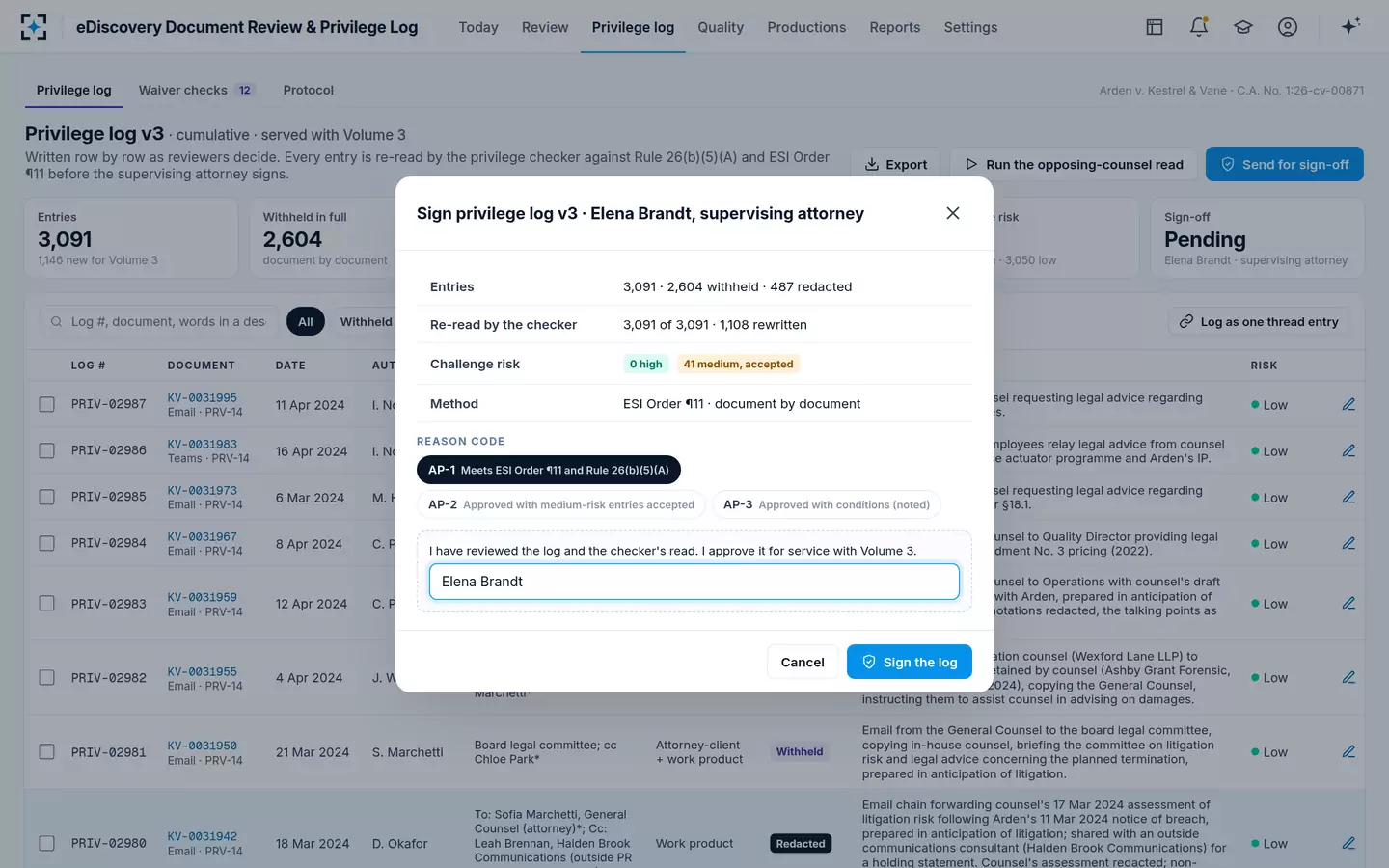 eDiscovery Document Review & Privilege Log — Sign the privilege log