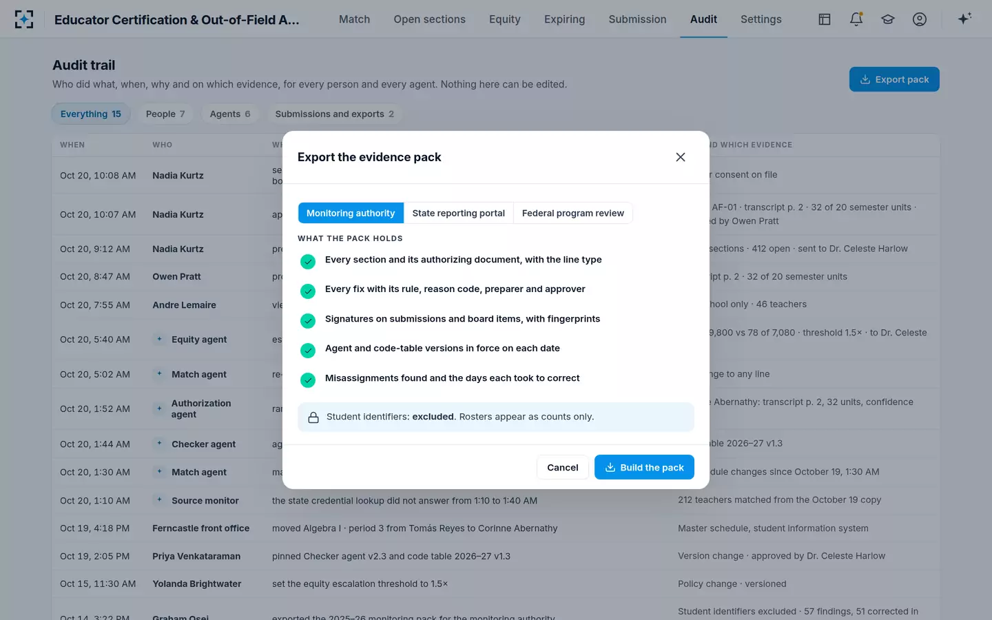 Educator Certification & Out-of-Field Assignment Audit — Every decision in the audit trail, exported as a pack with no student identifiers