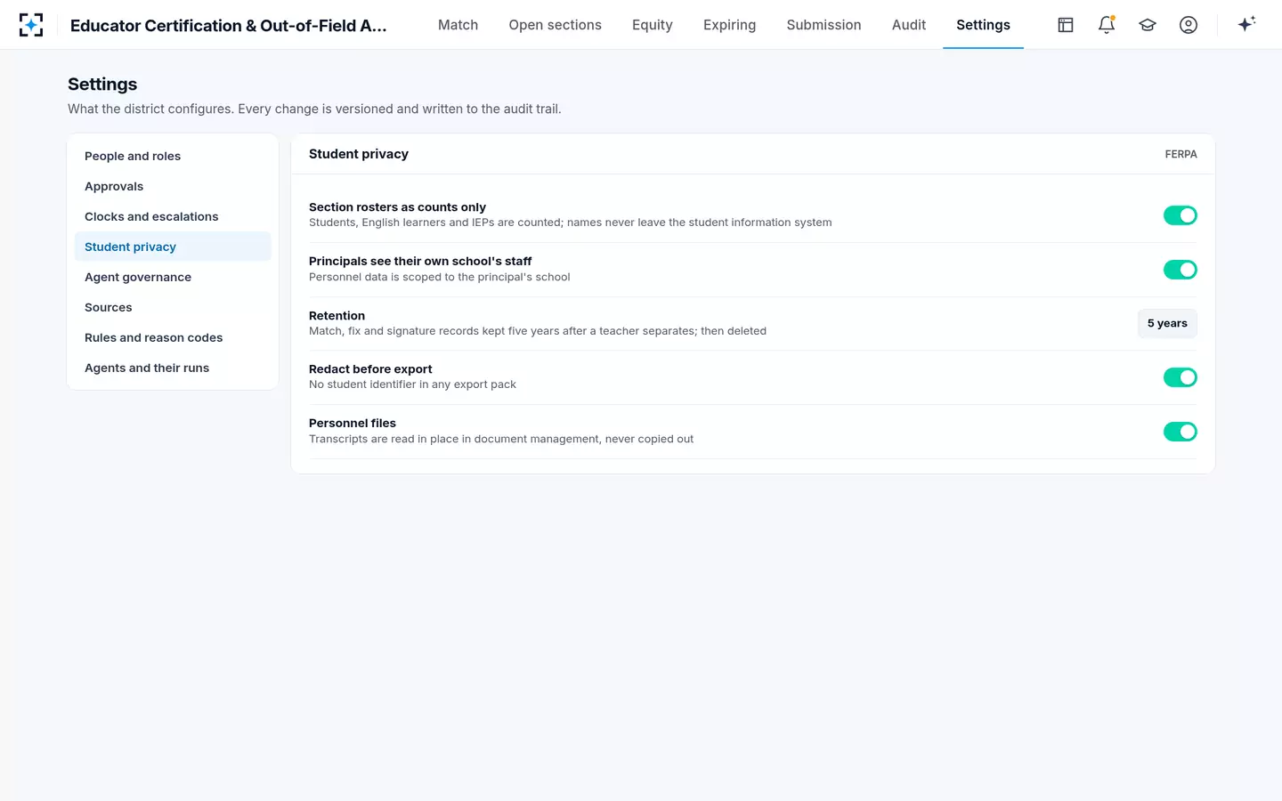 Educator Certification & Out-of-Field Assignment Audit — Student privacy settings: rosters as counts, principals scoped to their own school