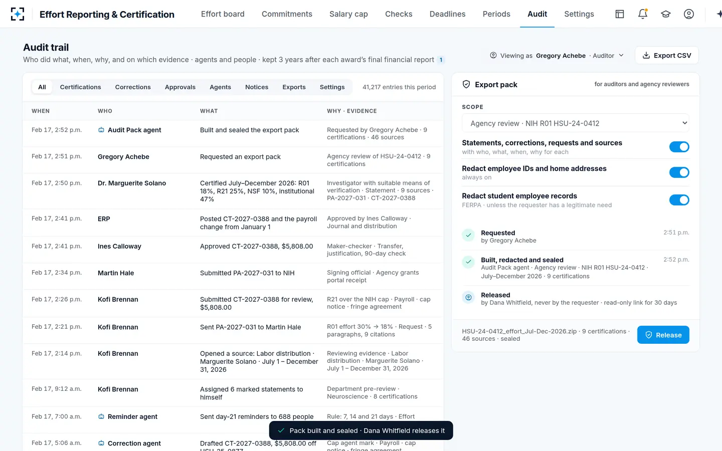 Effort Reporting & Certification — The audit trail and a redacted export pack