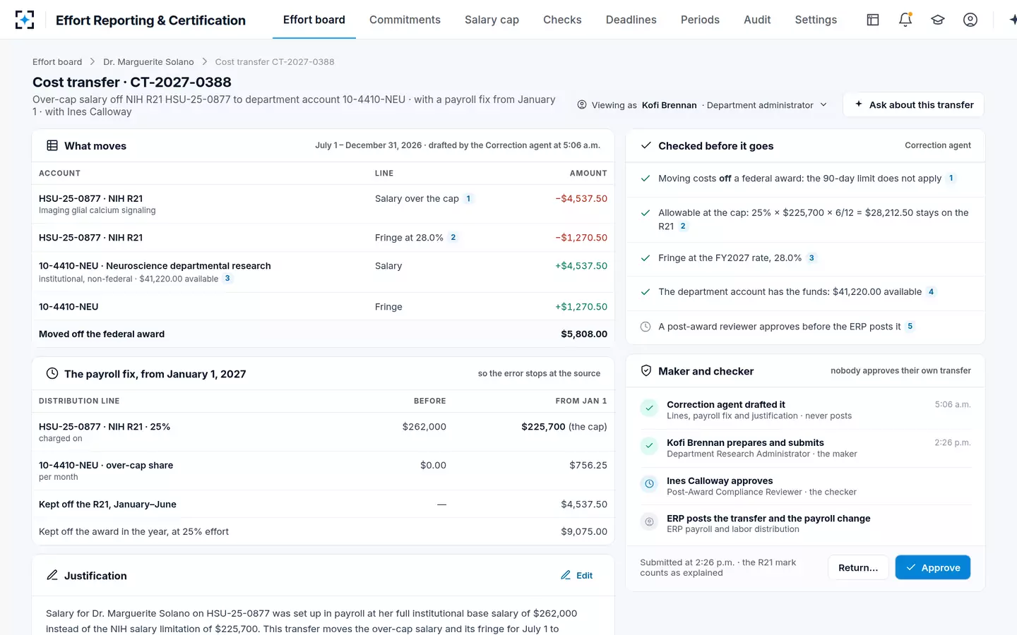 Effort Reporting & Certification — The cost transfer and the payroll fix, maker and checker