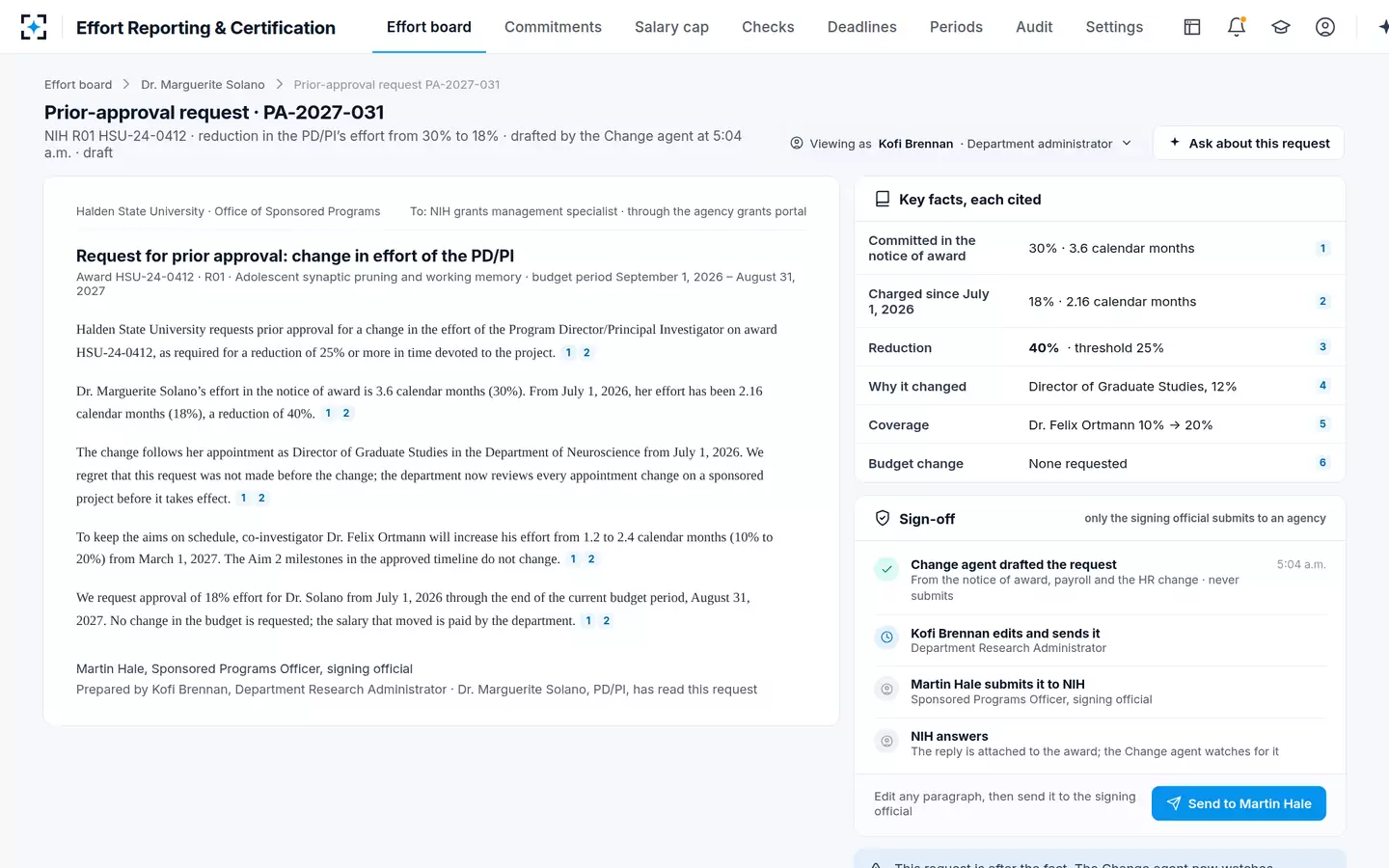 Effort Reporting & Certification — An NIH prior-approval request for a reduction in effort, every claim cited