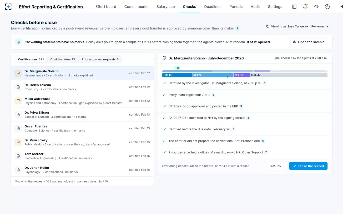 Effort Reporting & Certification — A reviewer checks before the record closes