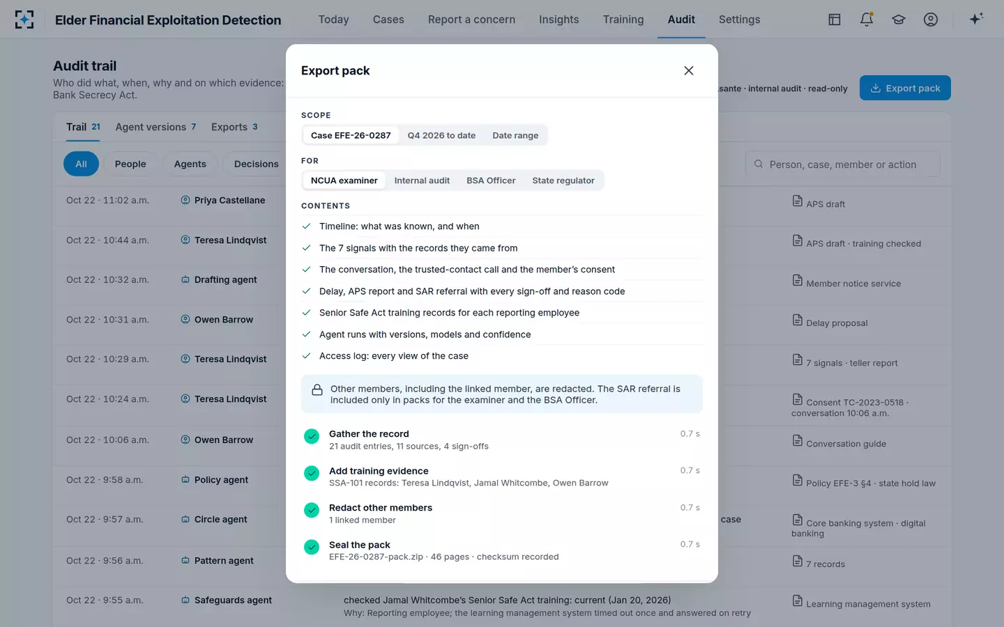 Elder Financial Exploitation Detection — An audit trail and an export pack for the NCUA examiner