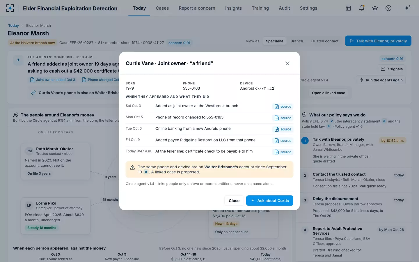 Elder Financial Exploitation Detection — One person's record: when he appeared and what he did