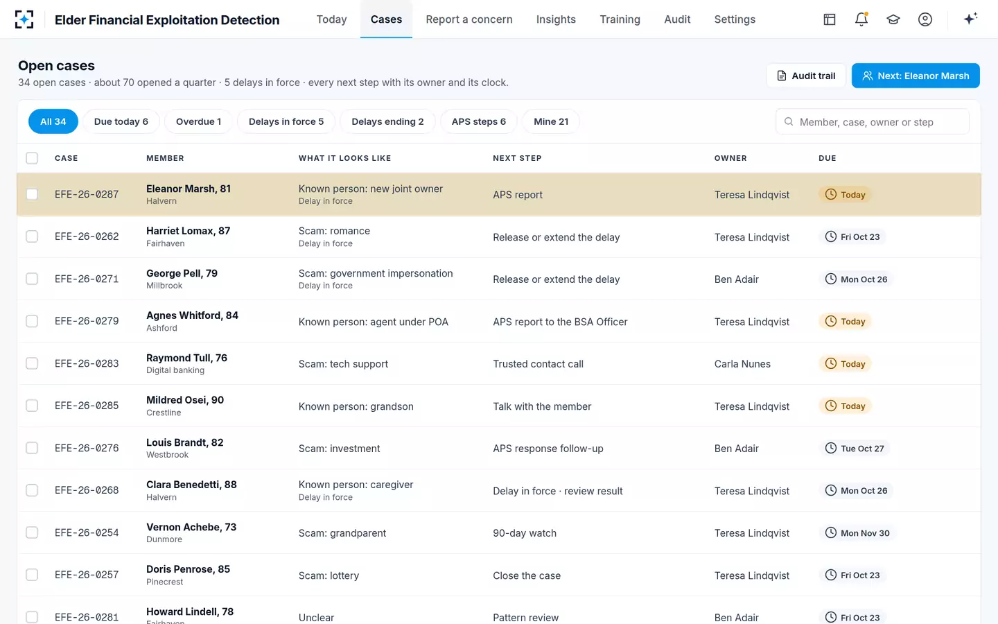 Elder Financial Exploitation Detection — Every open case, with its next step, owner and clock