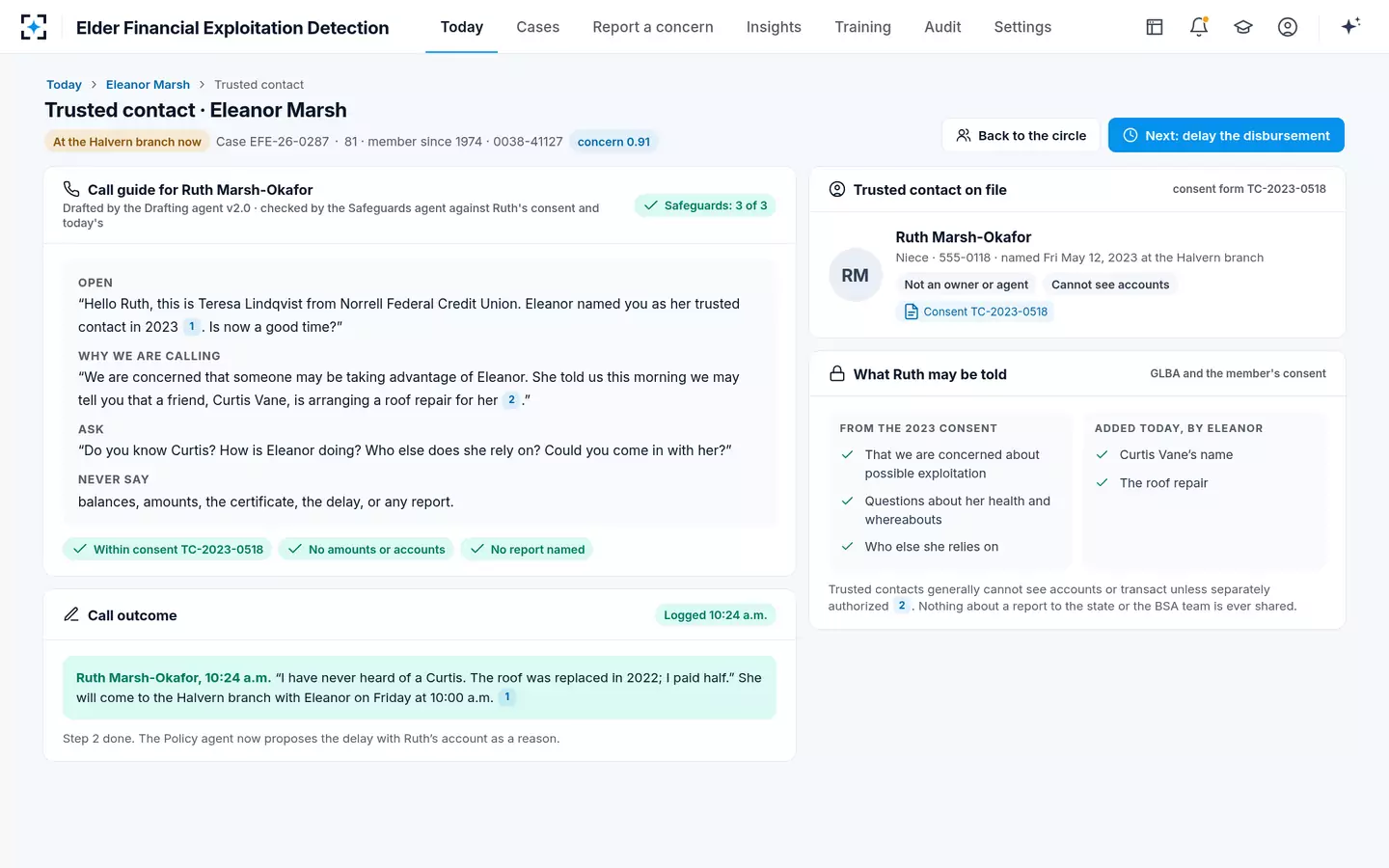 Elder Financial Exploitation Detection — The trusted contact person call, within what she agreed to