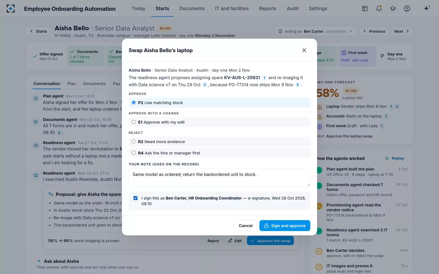 Employee Onboarding Automation — Approve with a reason and sign