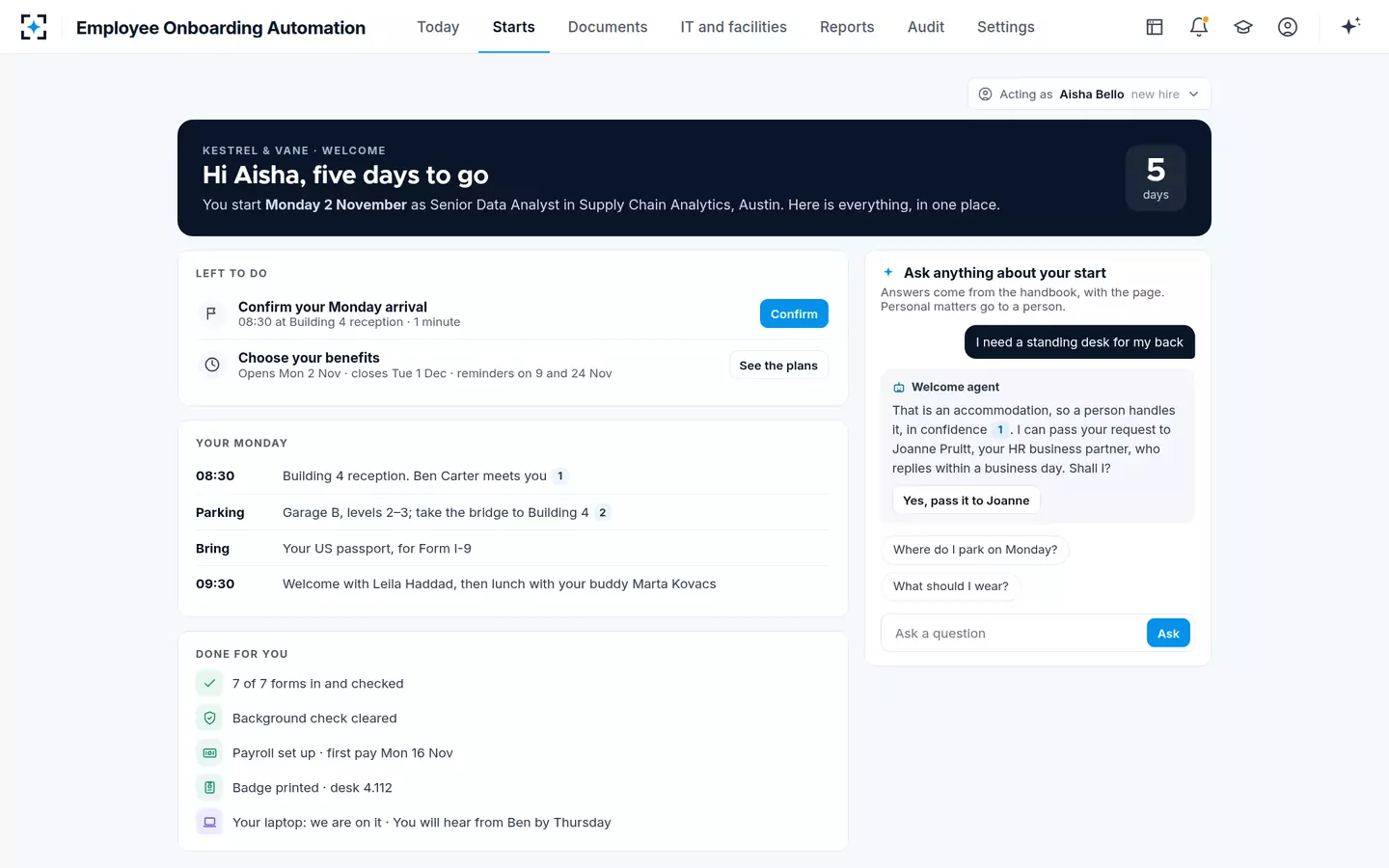 Employee Onboarding Automation — The new hire's page