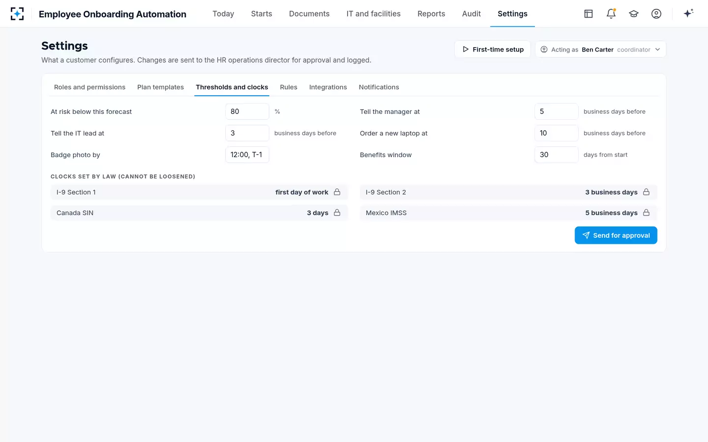 Employee Onboarding Automation — Thresholds and clocks