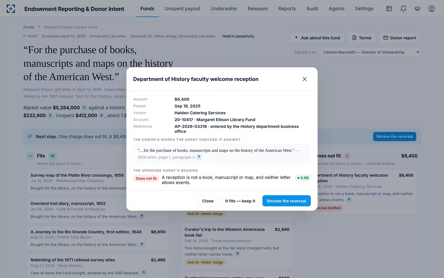 Endowment Reporting & Donor Intent — Any charge, checked against the clause in one look