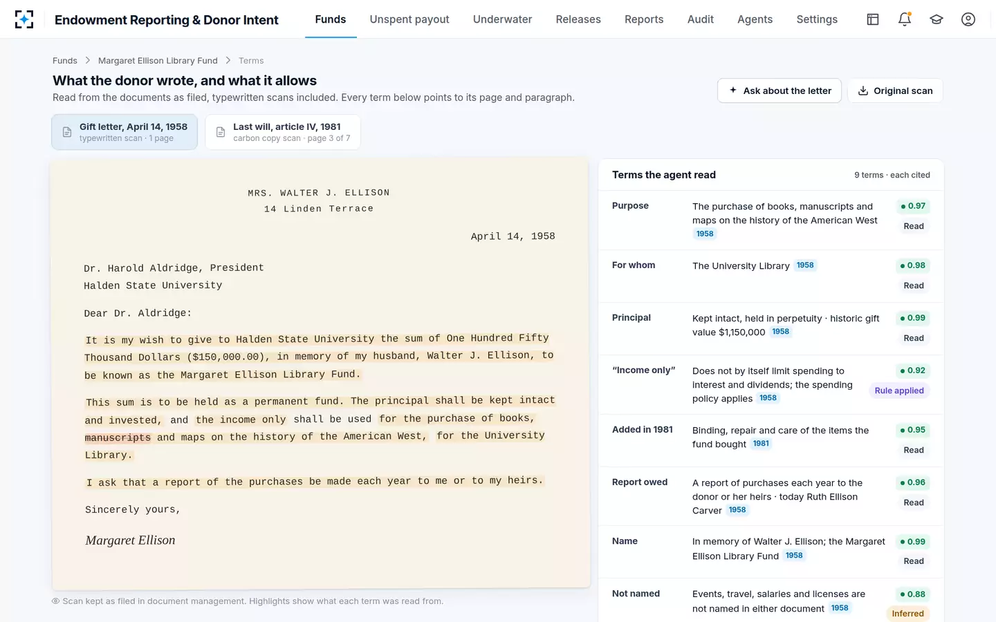 Endowment Reporting & Donor Intent — What the donor wrote, read from a typewritten scan