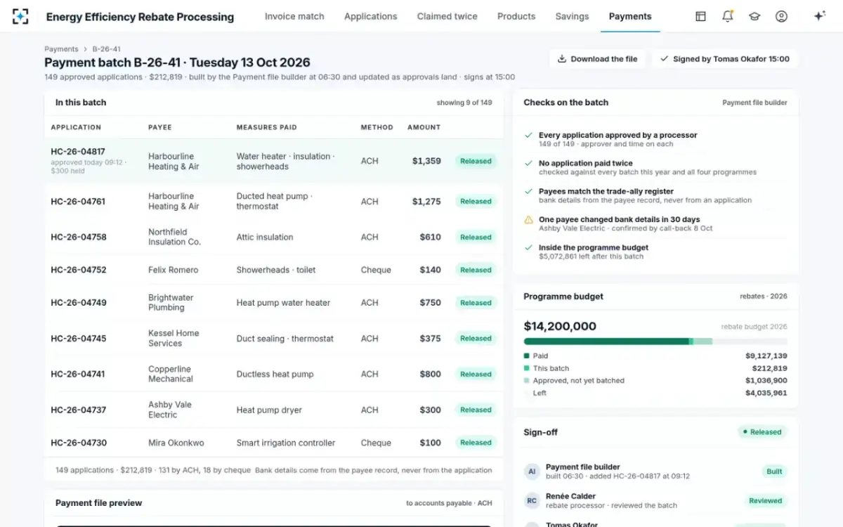 Energy Efficiency Rebate Processing — The payment batch