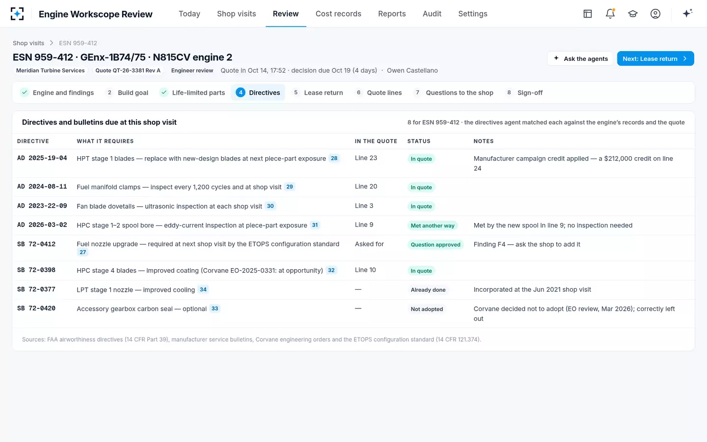 Engine Workscope Review — ADs and service bulletins due