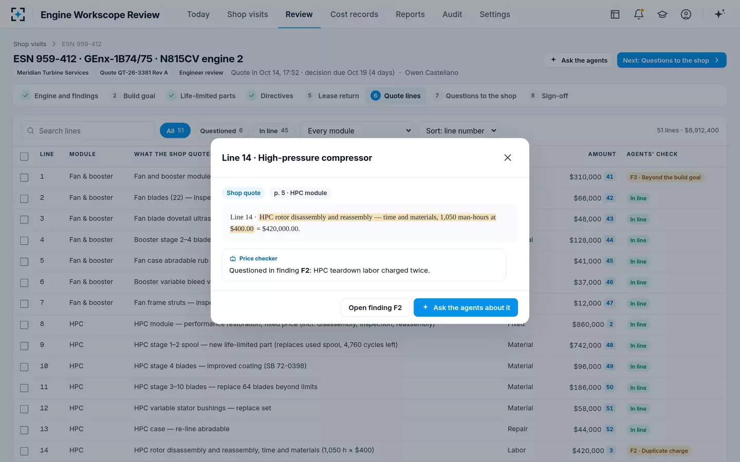 Engine Workscope Review — Every shop quote line, with its source