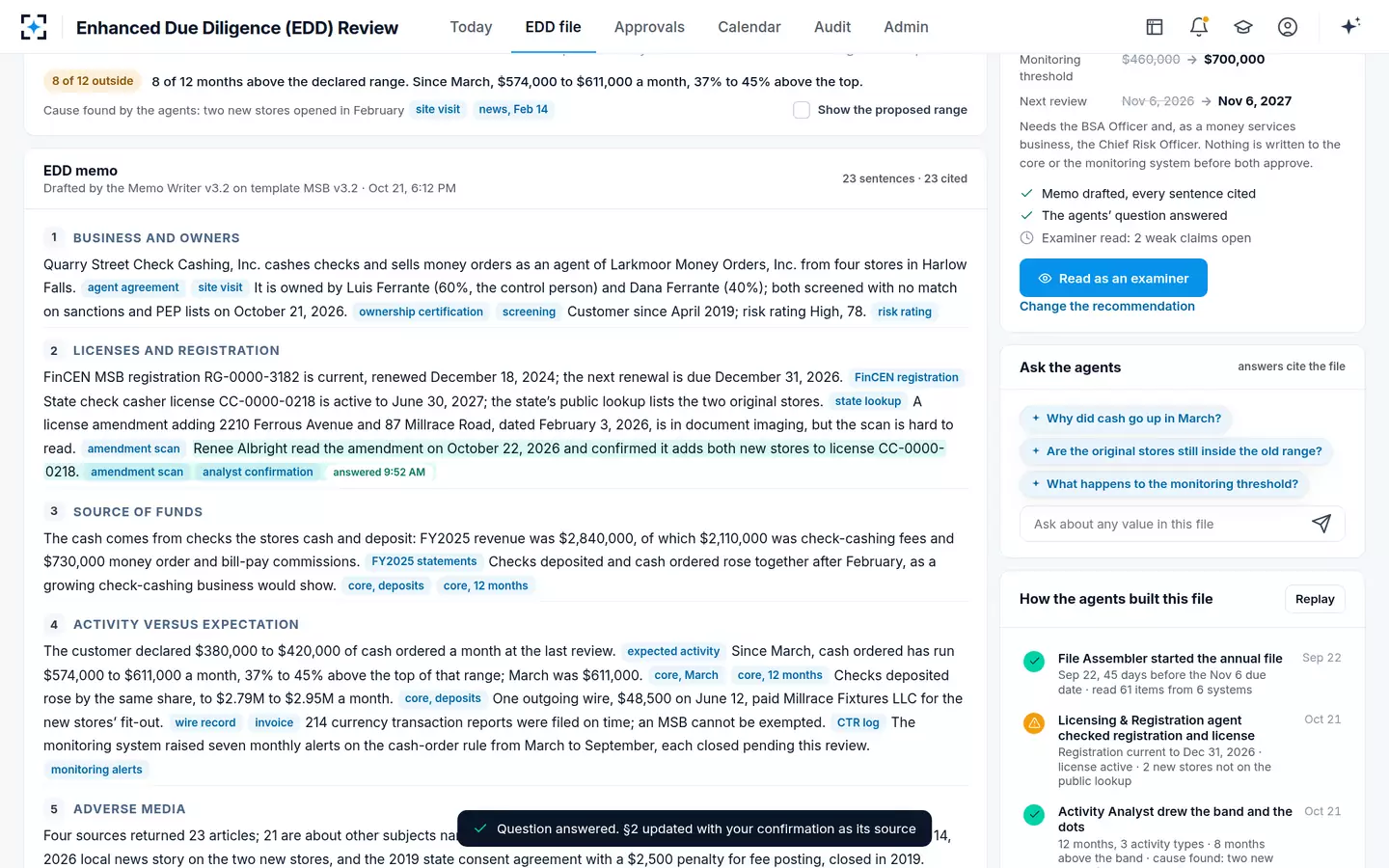 Enhanced Due Diligence (EDD) Review — The analyst's answer becomes a cited sentence in the memo