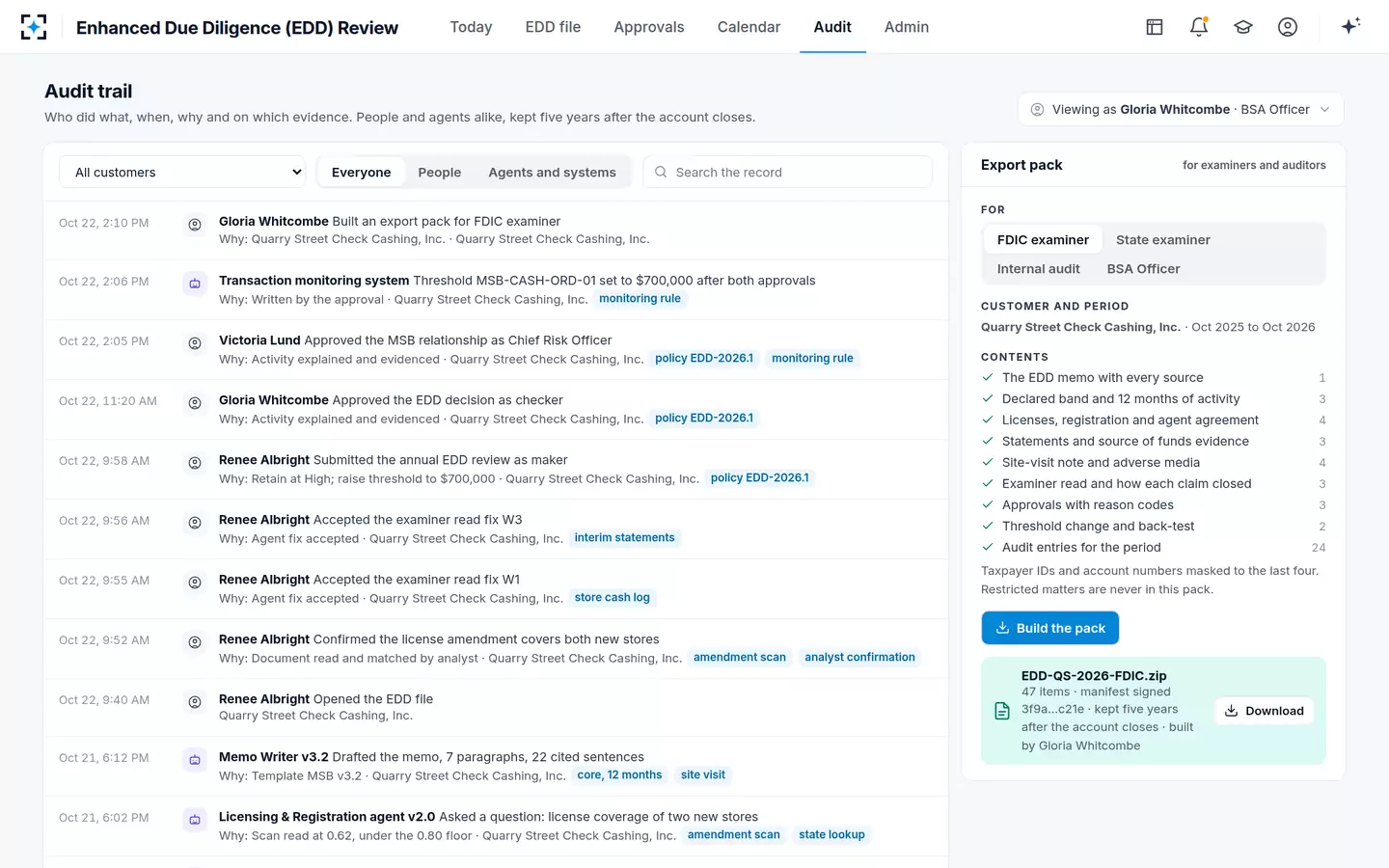 Enhanced Due Diligence (EDD) Review — Audit trail and an examiner pack built in one step