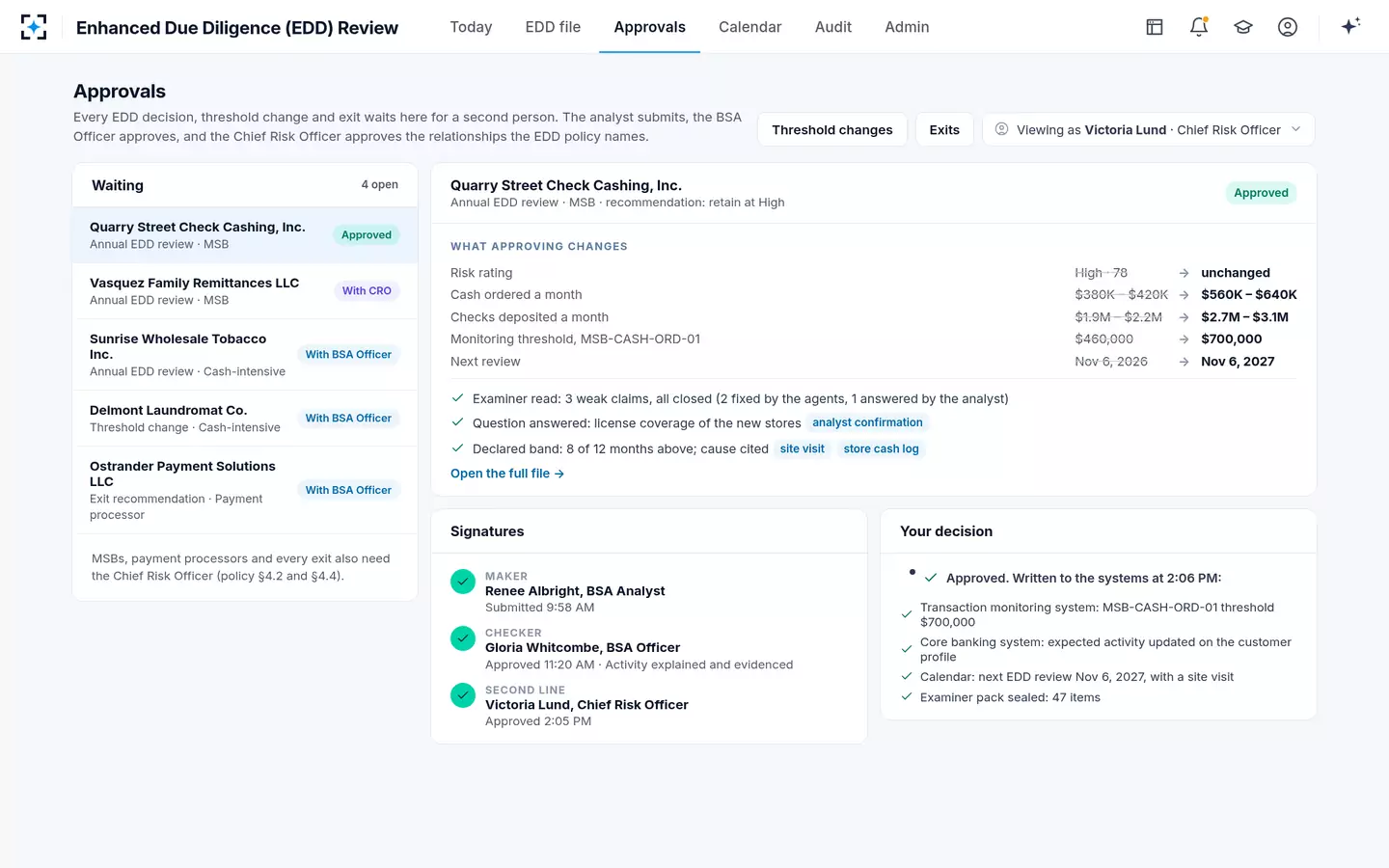 Enhanced Due Diligence (EDD) Review — The Chief Risk Officer signs money services businesses, then the changes are written