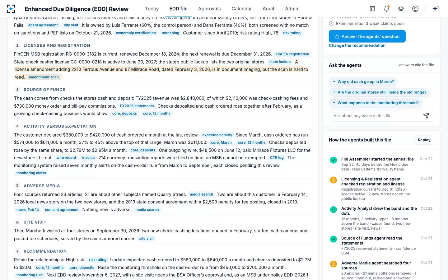 Enhanced Due Diligence (EDD) Review — An EDD memo drafted paragraph by paragraph, every sentence with its source