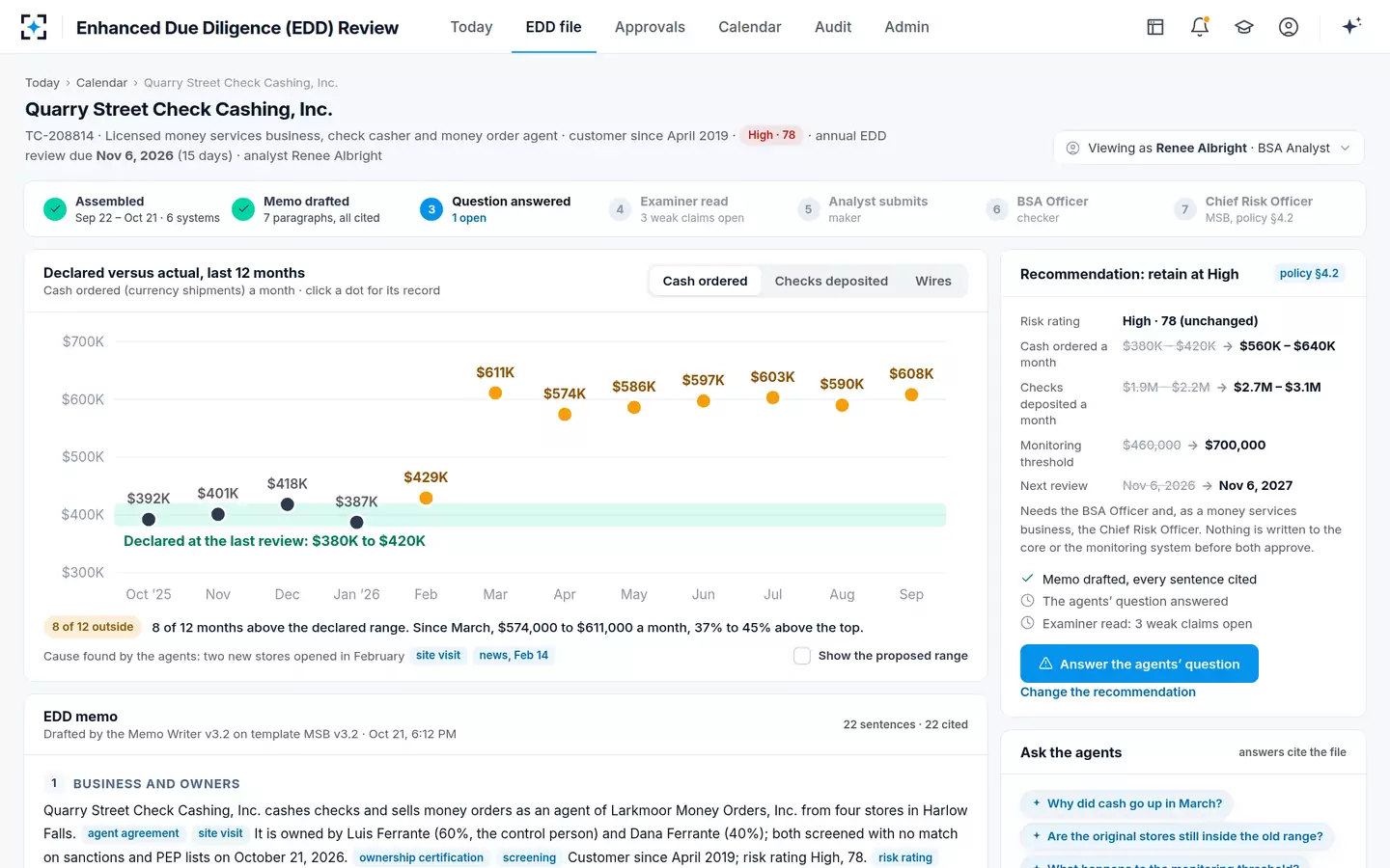 Enhanced Due Diligence (EDD) Review — The EDD file: what the customer declared, what it did, and a cited memo