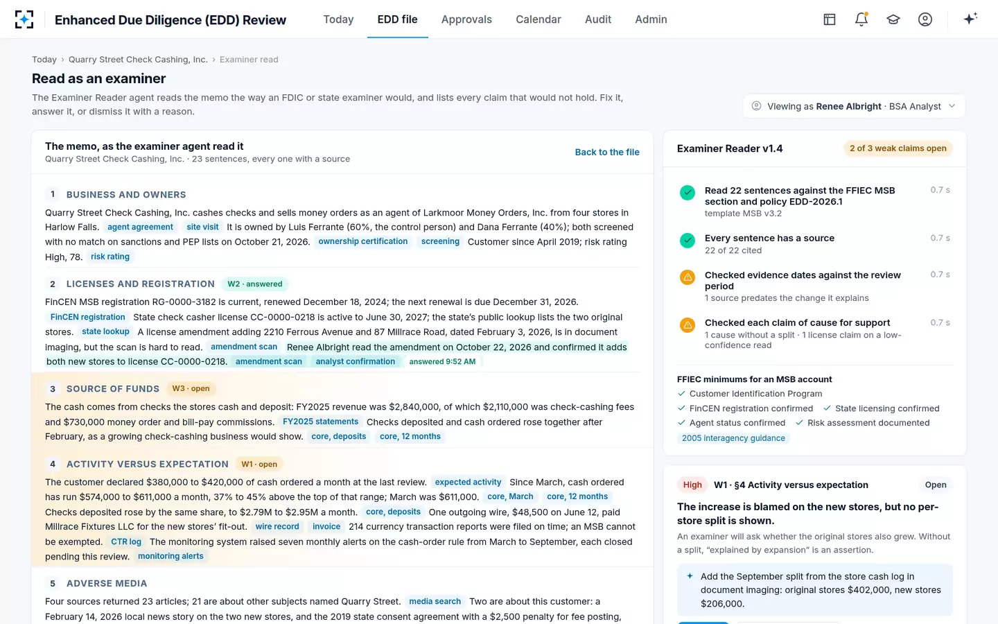 Enhanced Due Diligence (EDD) Review — A second agent reads the EDD memo the way an examiner would