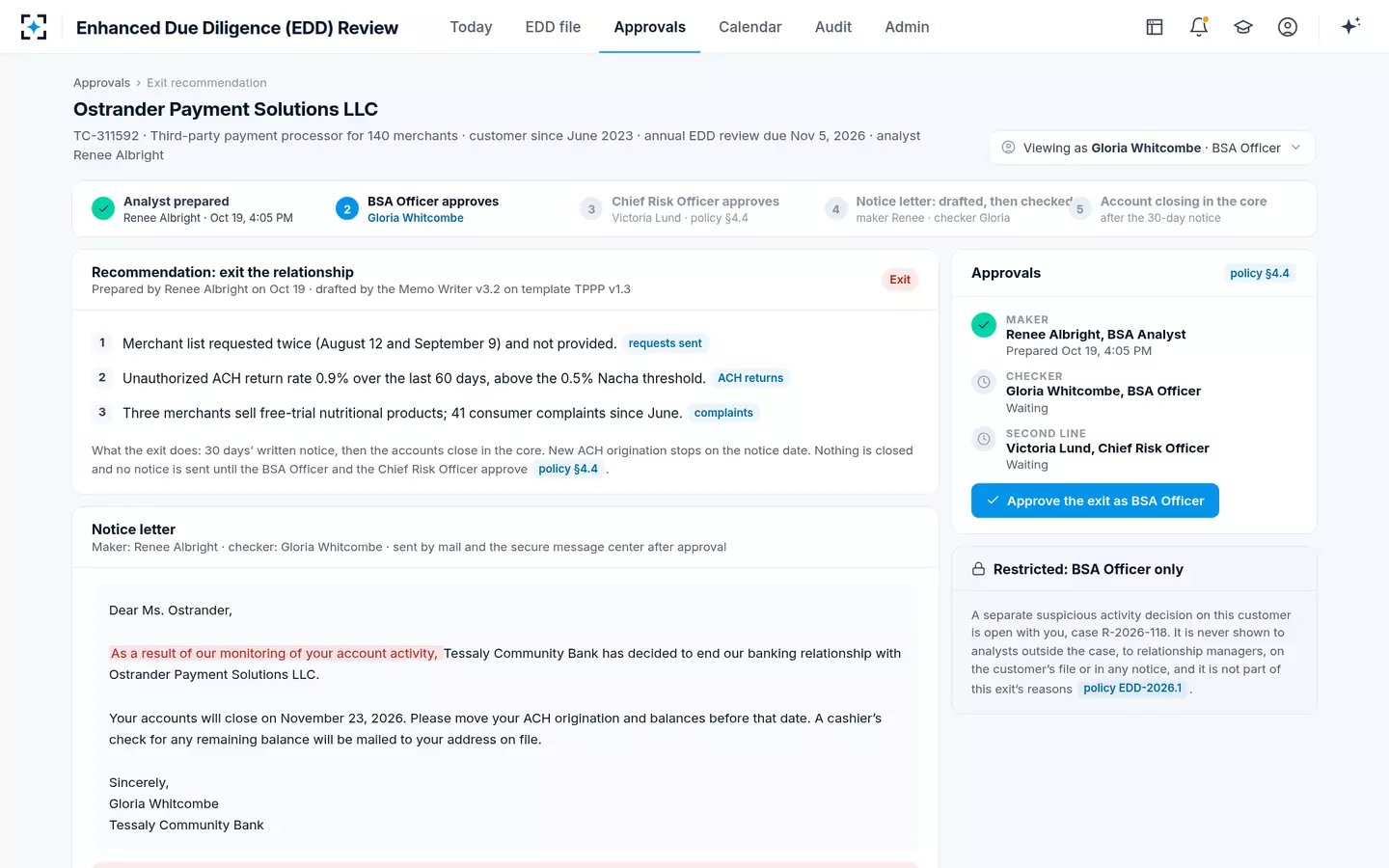Enhanced Due Diligence (EDD) Review — An exit is approved before any account closes, and its notice cannot tip off the customer